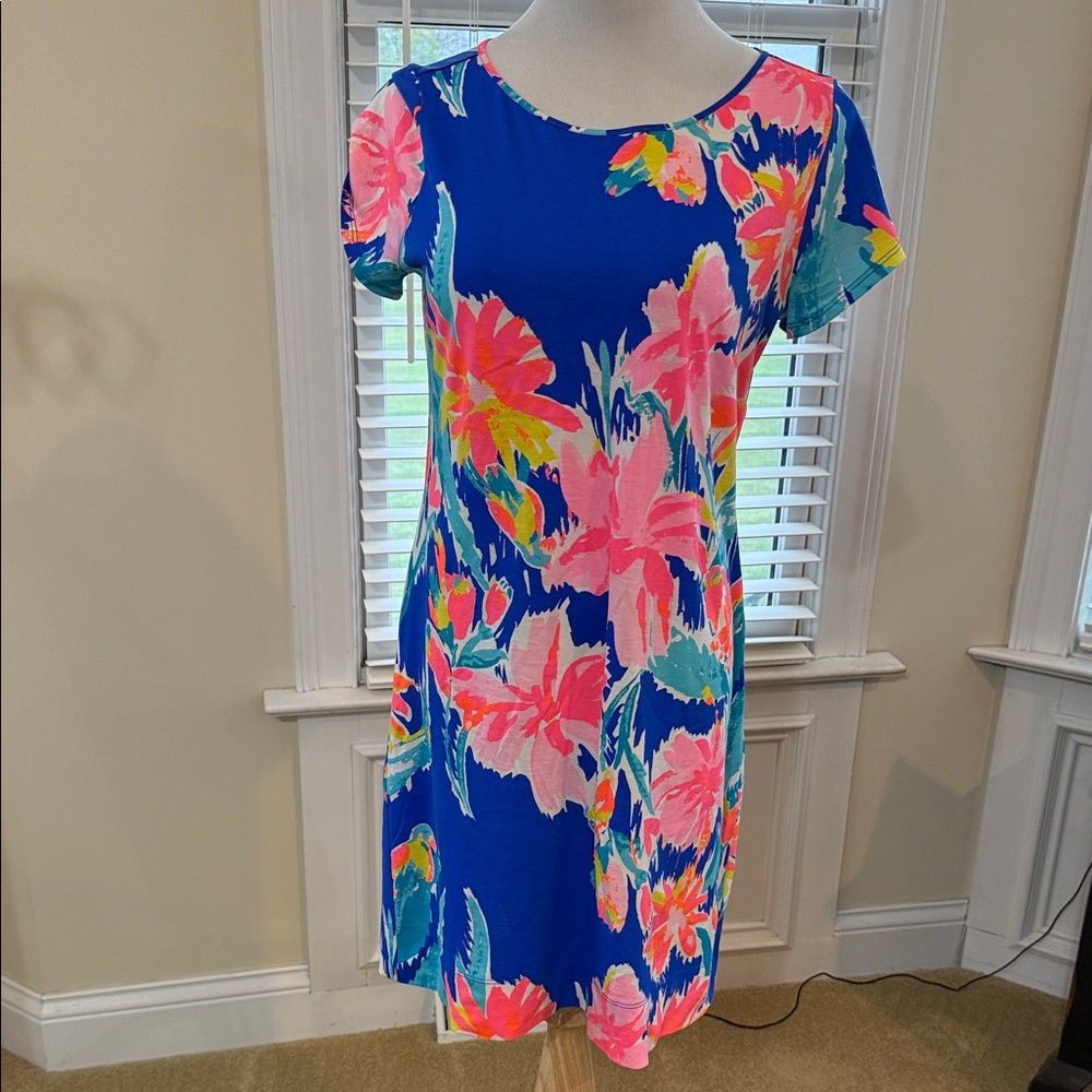 Lilly Pulitzer Blue Floral Shift Dress with Pink and Green Accents